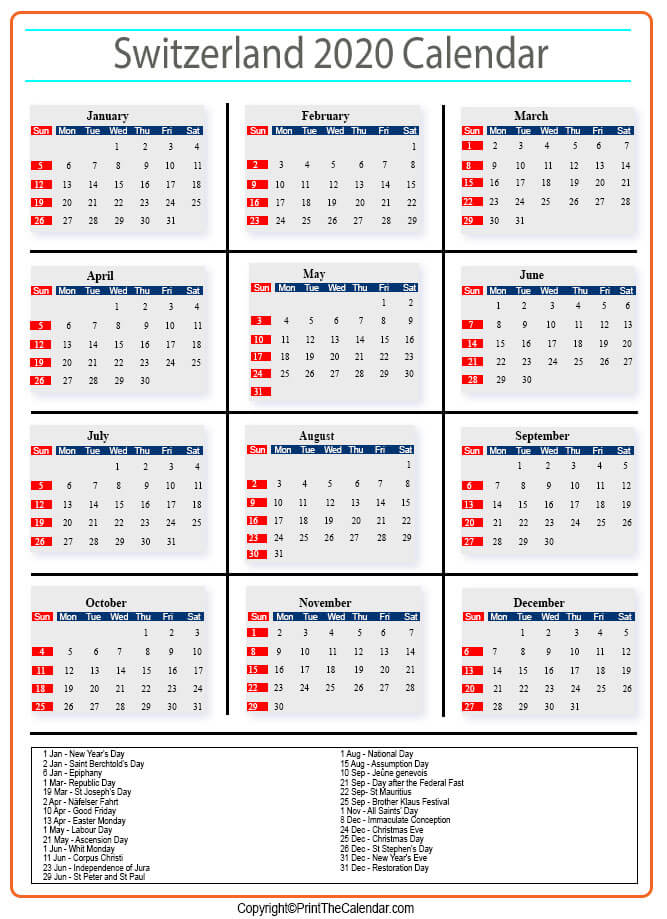 Switzerland Calendar 2020